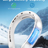 A white portable neck fan with a visible blue battery showing 4000mAh capacity, set against a snowy outdoor background.