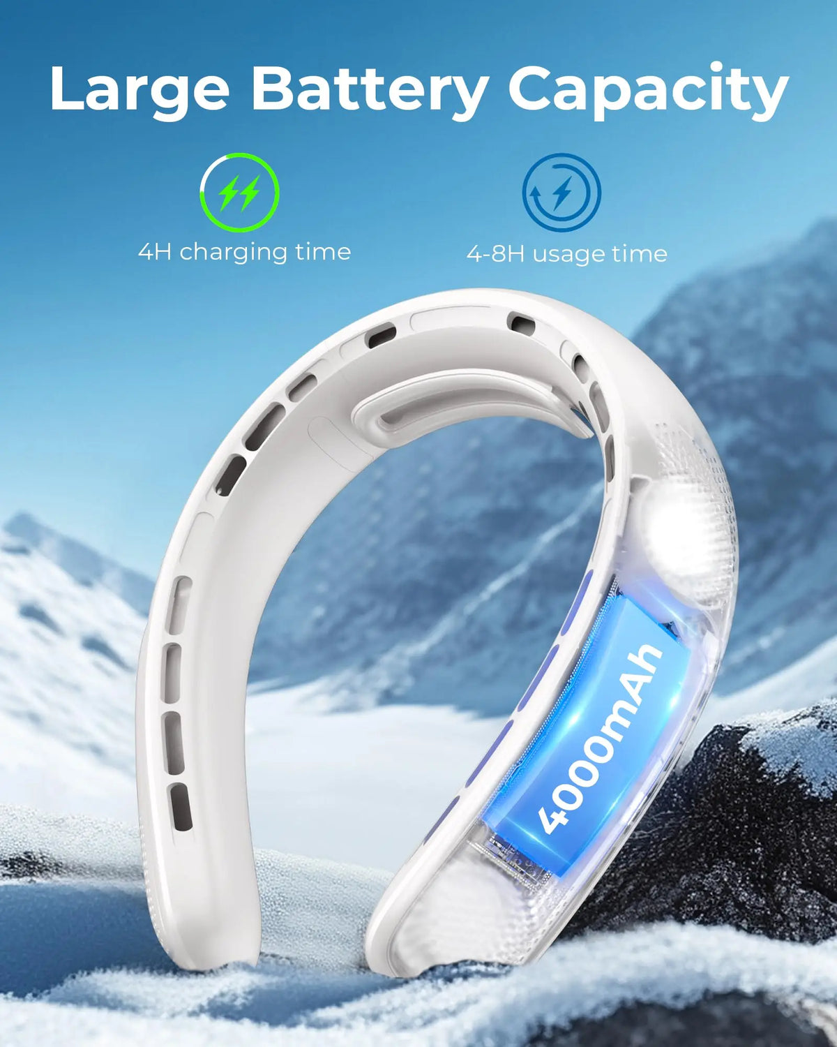 A white portable neck fan with a visible blue battery showing 4000mAh capacity, set against a snowy outdoor background.