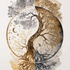 Watercolor painting depicting a tree of life merging with a crescent moon, featuring earthy tones and delicate branches.
