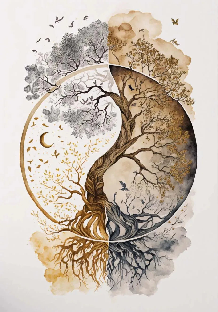 Watercolor painting depicting a tree of life merging with a crescent moon, featuring earthy tones and delicate branches.