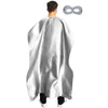 Silver adult superhero cape and eye mask costume set displayed on a mannequin.