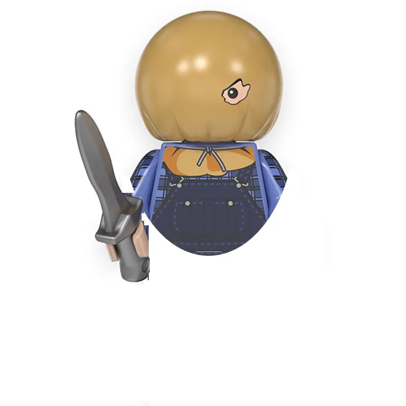 A building block figure resembling a horror movie icon with a round head, blue clothing, and a dark shoe.