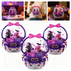 A set of Halloween pumpkin witch treat bags featuring purple and black spiders and witches.