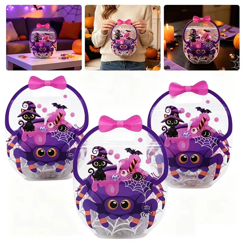 A set of Halloween pumpkin witch treat bags featuring purple and black spiders and witches.