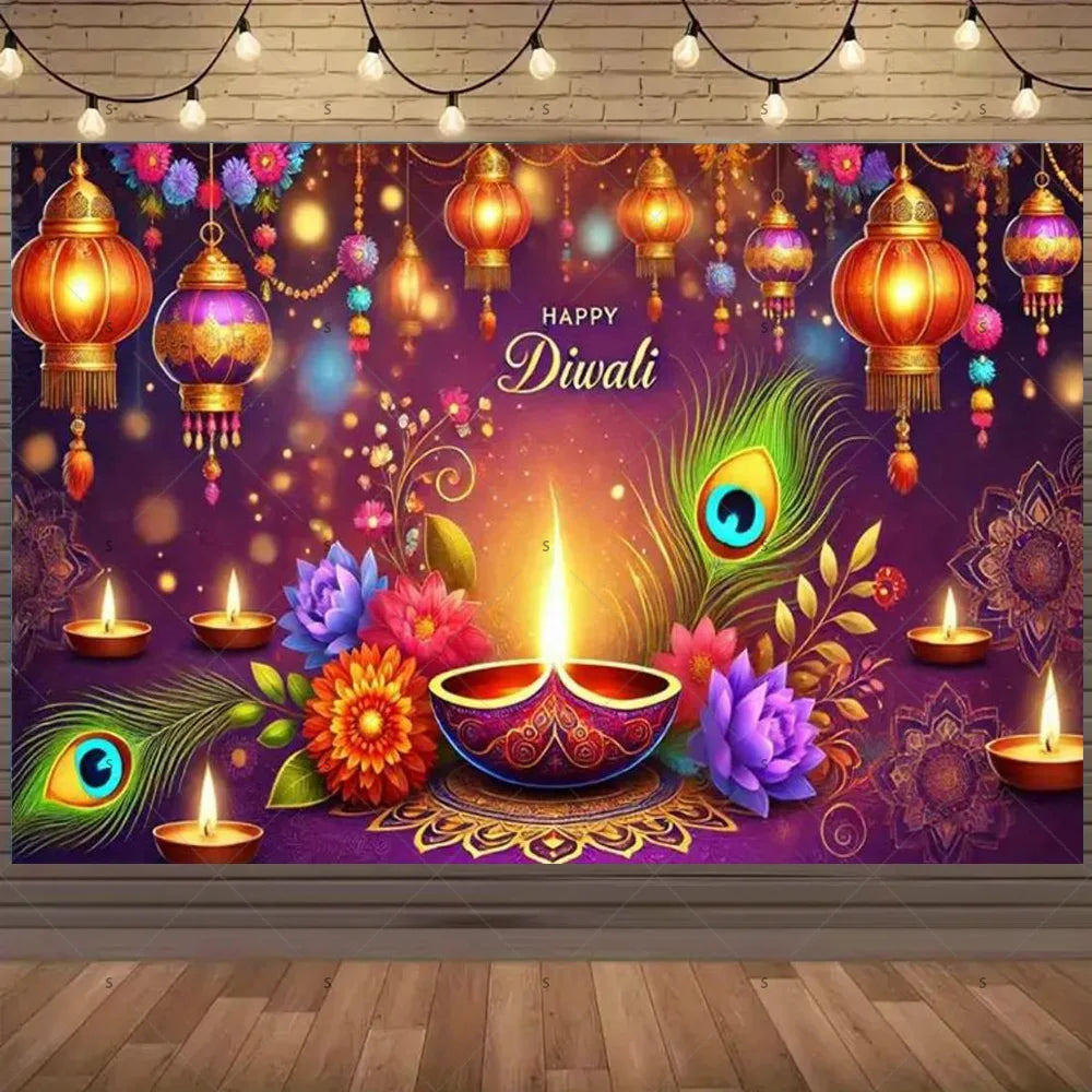 A vibrant Diwali backdrop featuring glowing lanterns, colorful decorations, and a central lit diya on a wooden surface.