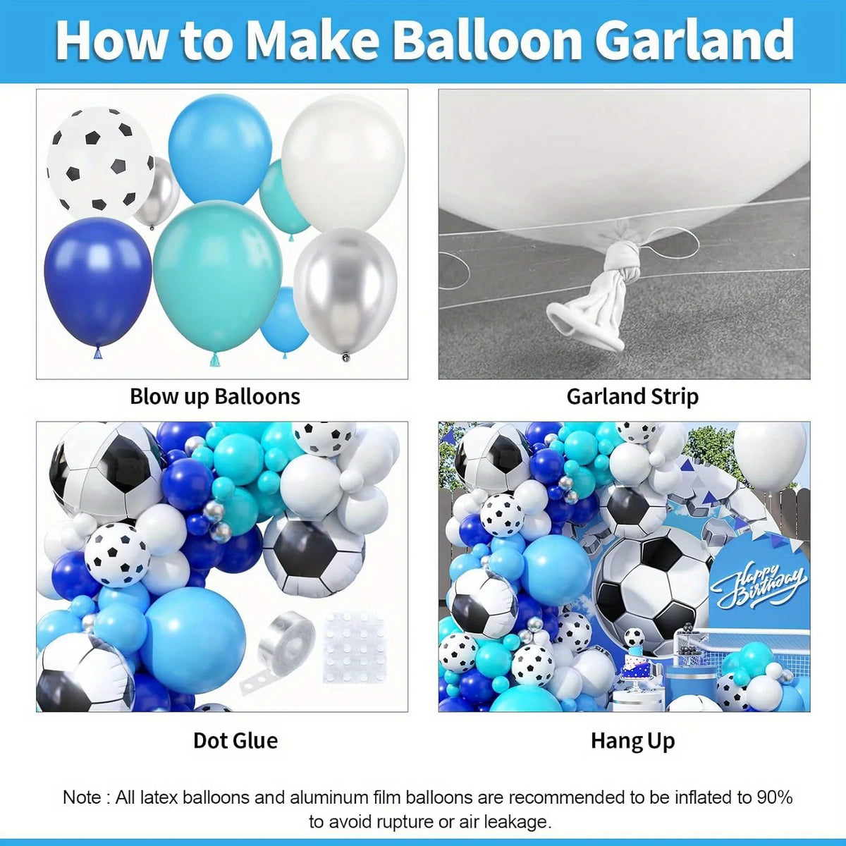 Kit showing how to make a balloon garland with balloons, strip, and dot glue for a football theme