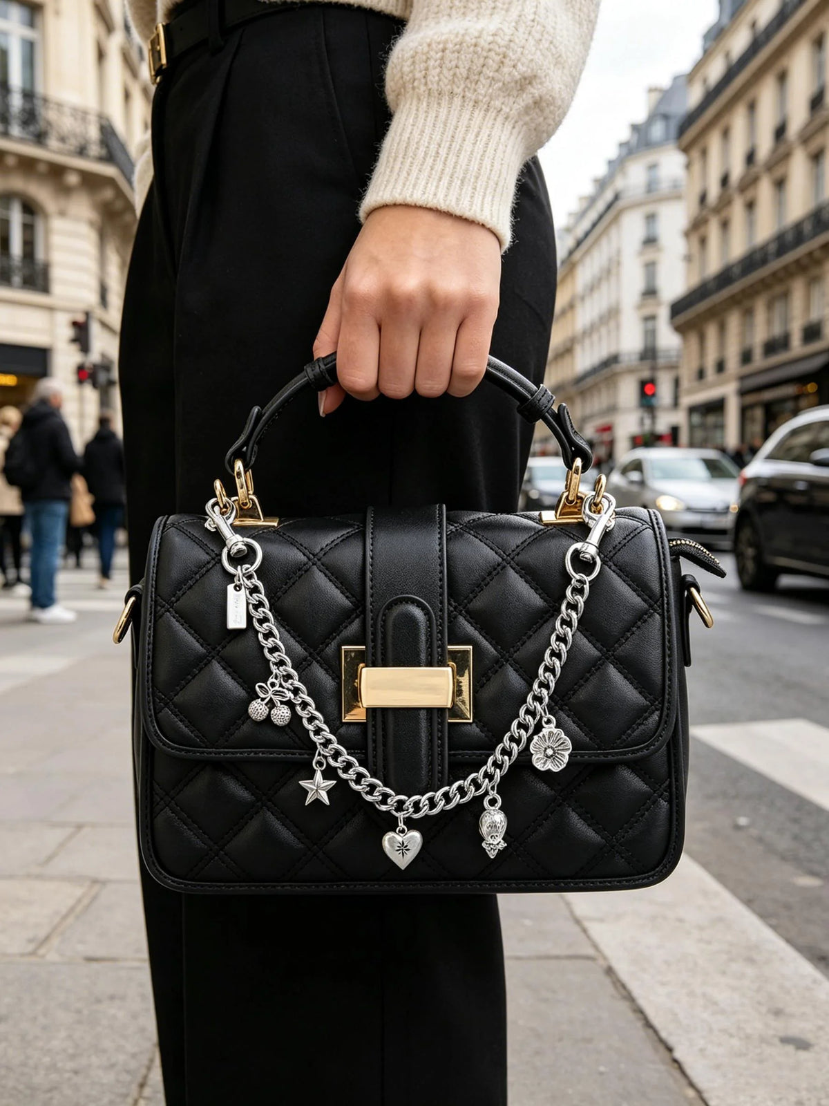 A black quilted leather handbag with a gold chain and charms is held by a person in a black coat on a city street.