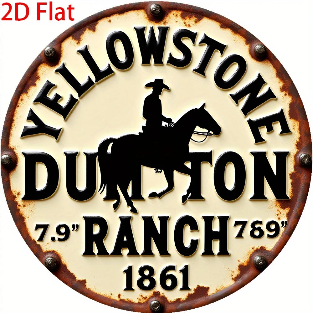 Vintage metal wall sign featuring a silhouette of a cowboy riding a horse and text for Yellowstone Dutton Ranch 7.9 Ranch 789