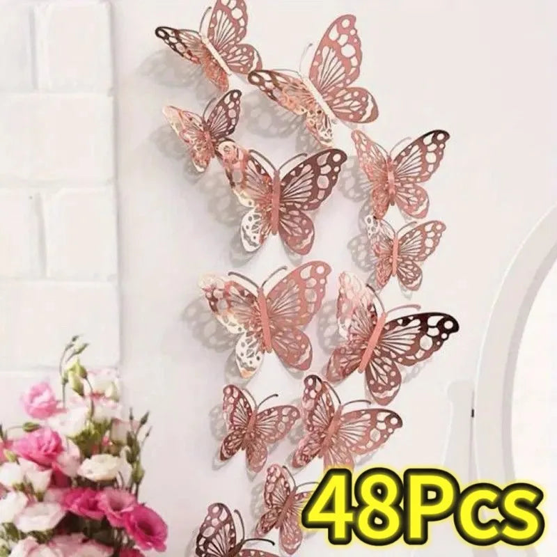 A set of 48 3D hollow butterfly wall stickers in gold and silver metallic decor displayed on a white brick wall.