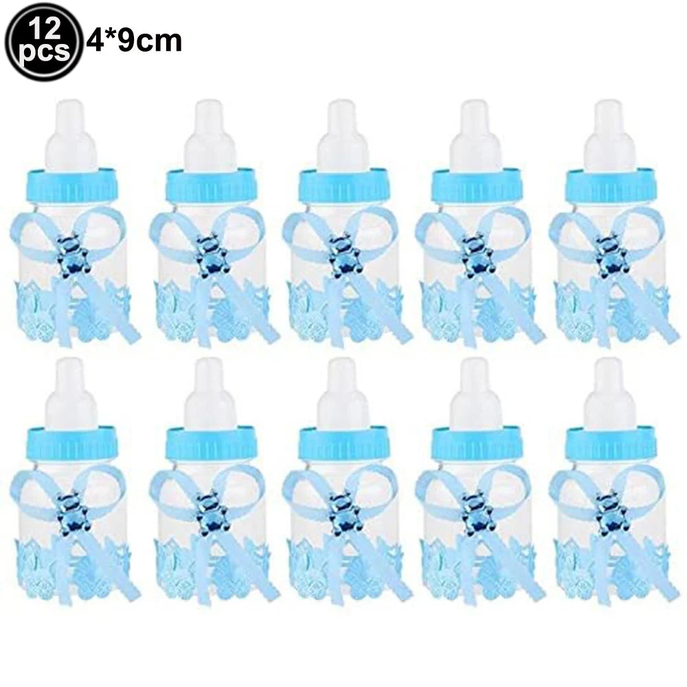 Twelve baby bottle balloons in light blue and white for baby shower decoration