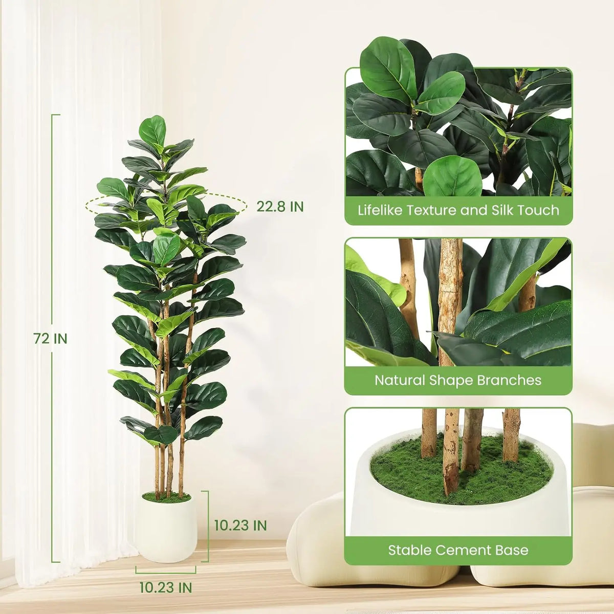 Artificial Fiddle Leaf Fig tree with natural branches and silk texture in a white pot
