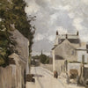 A landscape oil painting depicting a quiet village street lined with houses and trees under a cloudy sky.