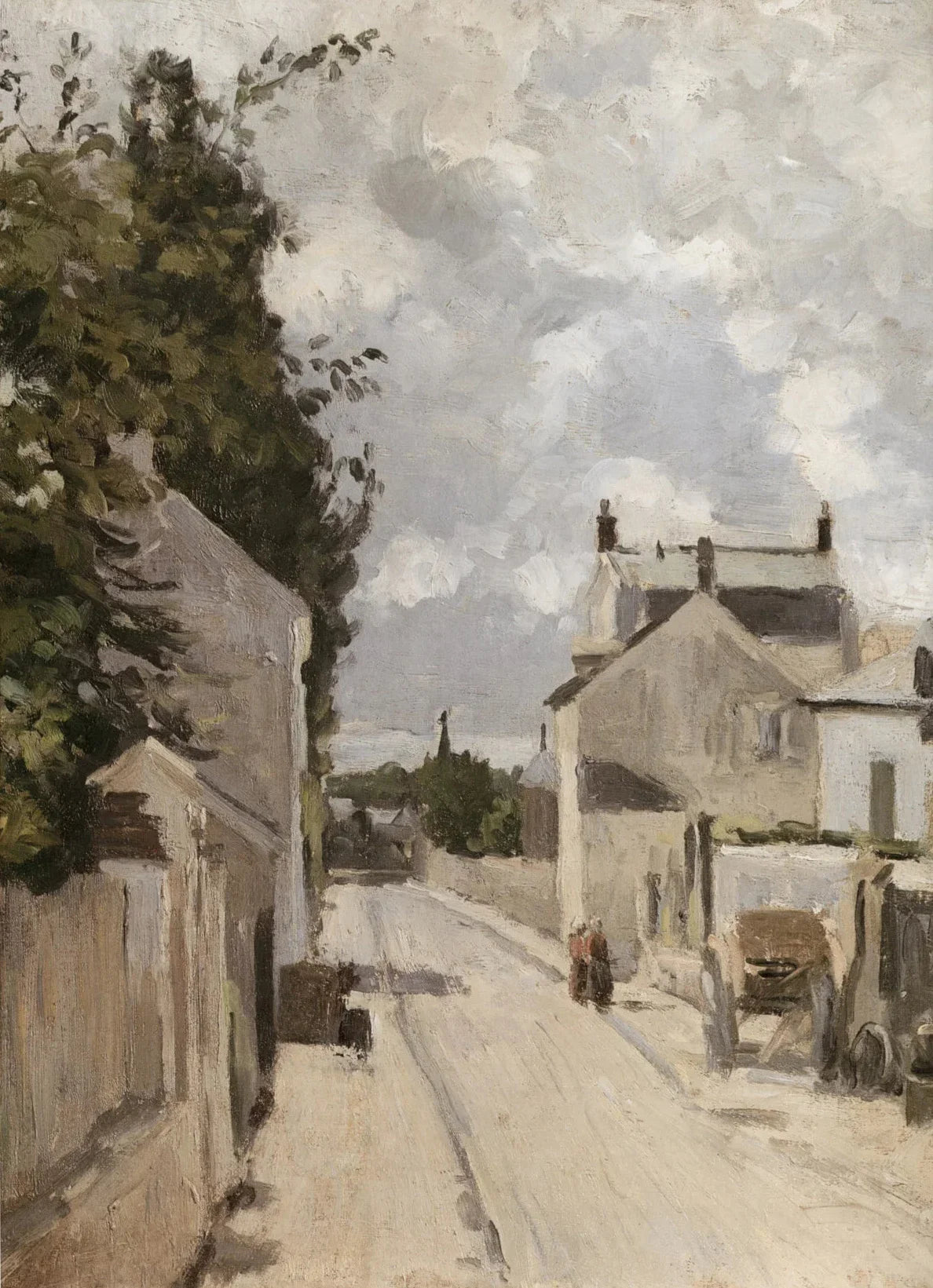 A landscape oil painting depicting a quiet village street lined with houses and trees under a cloudy sky.