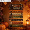A hanging wooden sign set depicting witch's fall rules with bats, cats, and spells for Halloween decor.