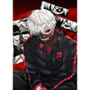 A dark-haired anime character with white hair and red eyes is featured in a dramatic poster design.