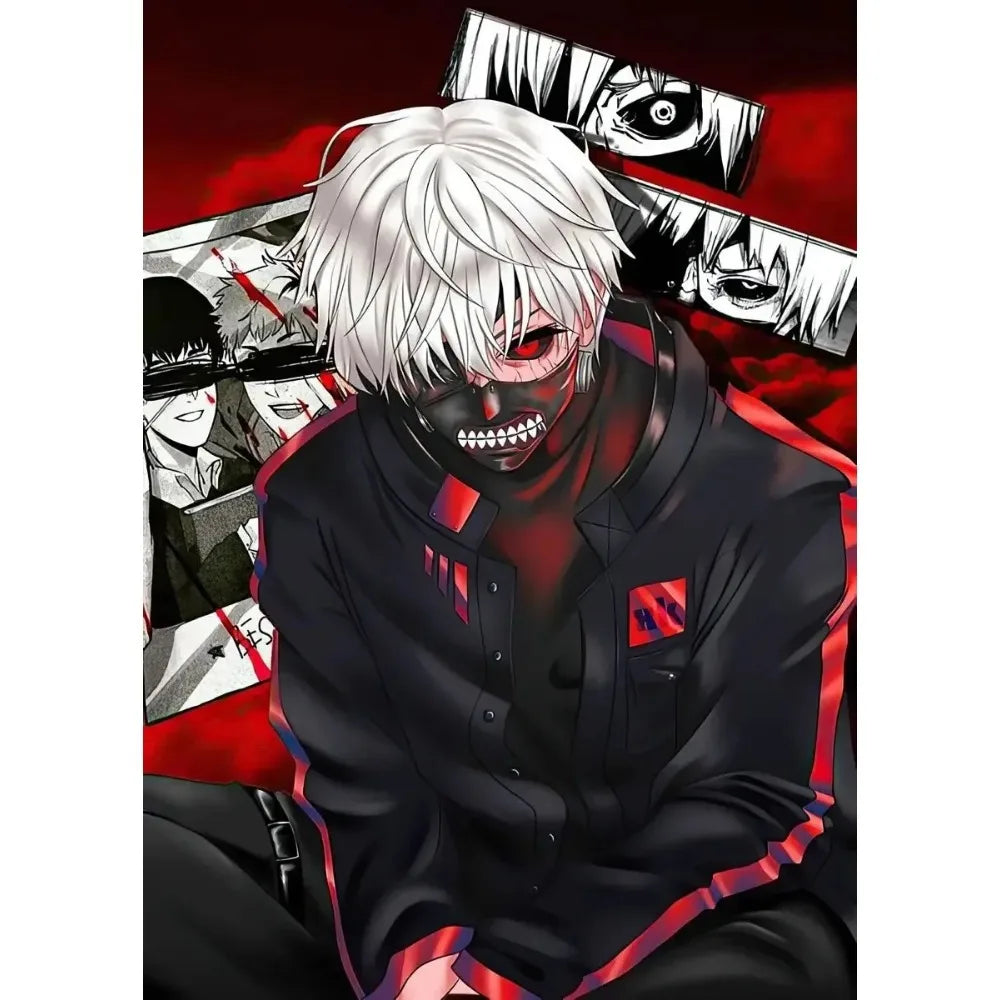 A dark-haired anime character with white hair and red eyes is featured in a dramatic poster design.