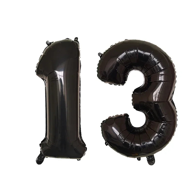 Black helium foil number balloons shaped like the number 13