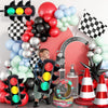 A collection of red, black, and silver balloons shaped like race car traffic lights.