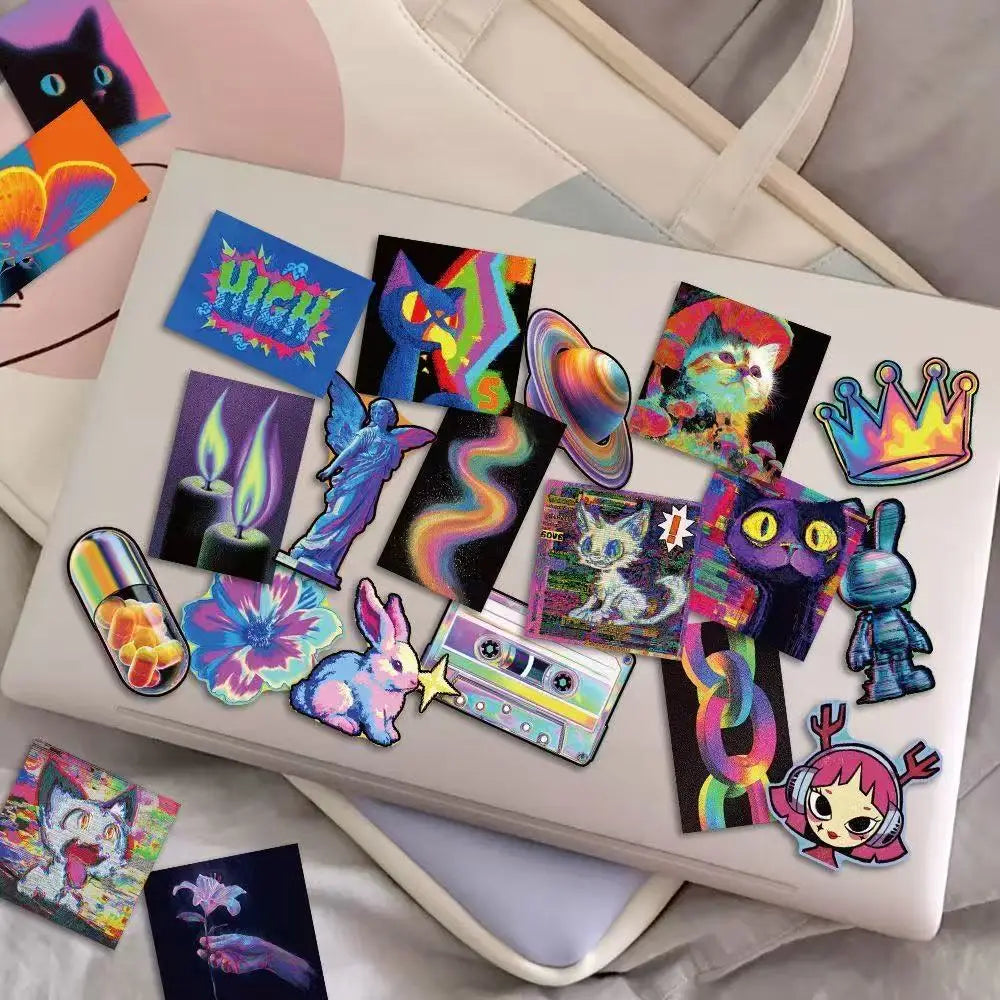 A white laptop is decorated with a colorful sticker pack featuring neon and trippy vaporwave designs.