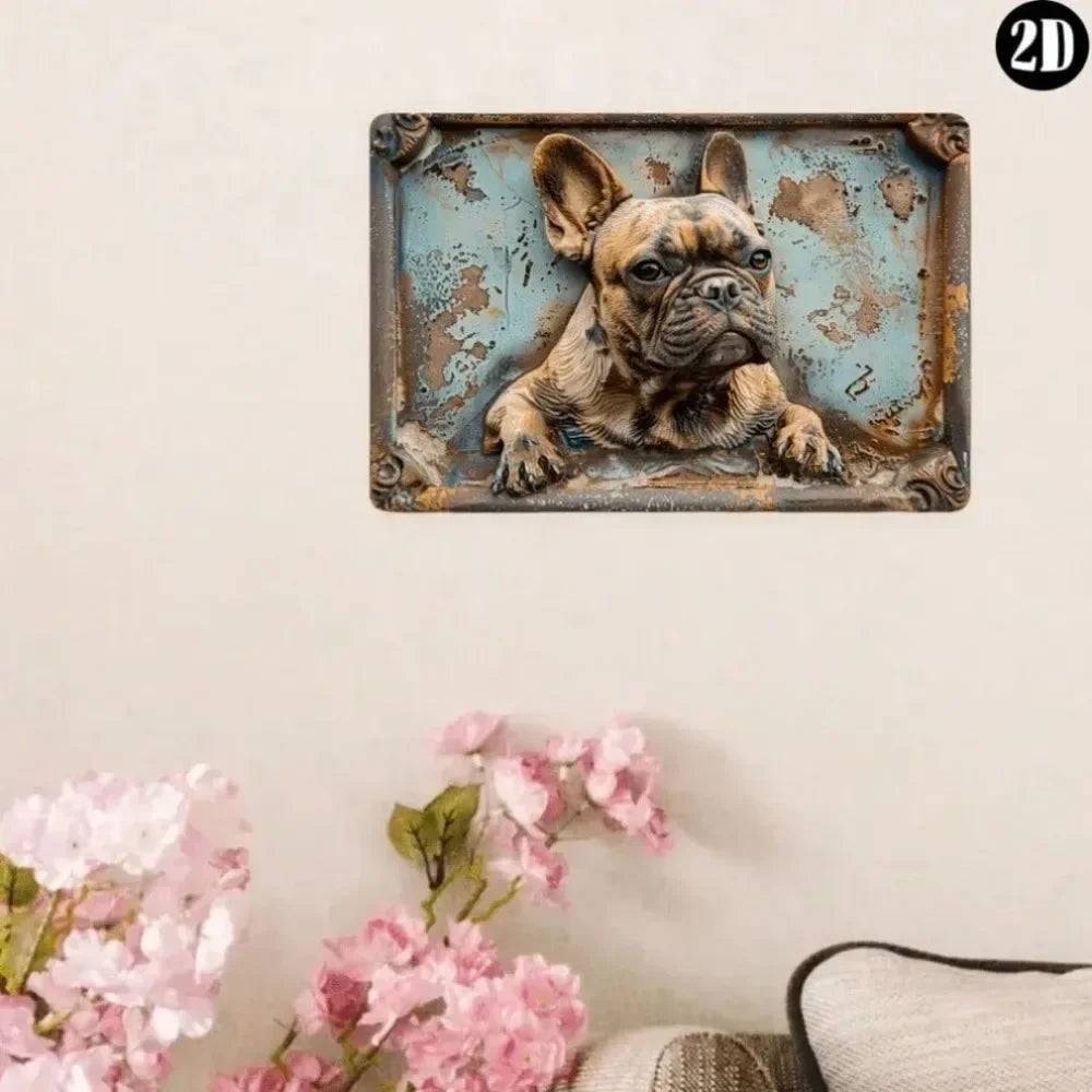 A distressed metal wall sign featuring a portrait of a French Bulldog in a rustic farmhouse style.