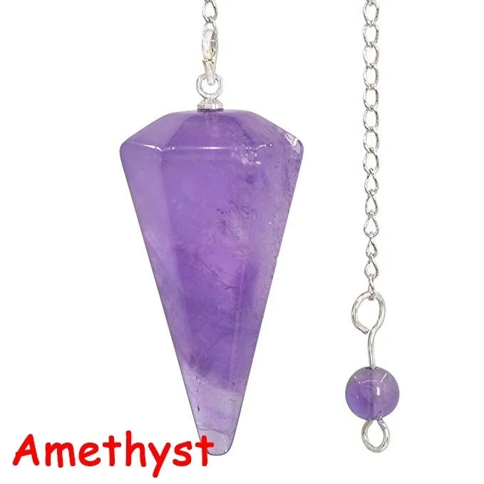 A natural amethyst point pendant on a silver chain for divination and energy healing