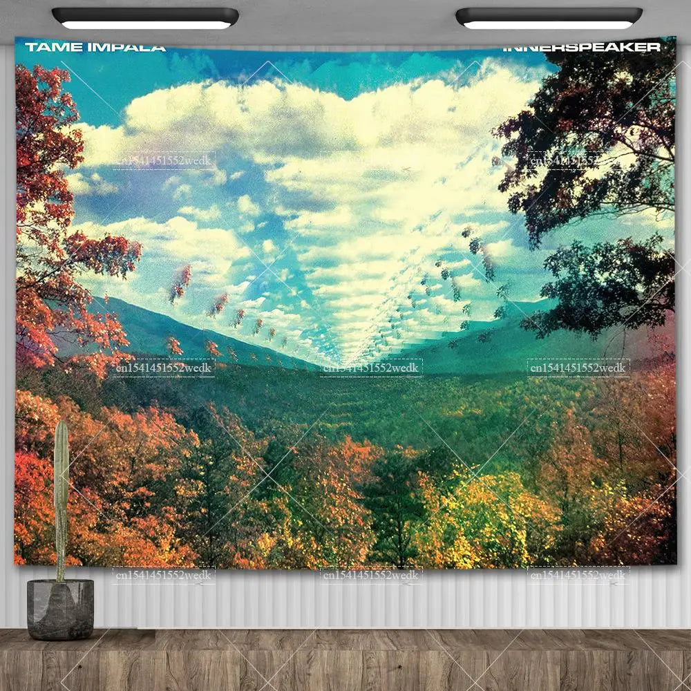 A vibrant tapestry featuring a landscape with lush green and autumnal foliage under a bright blue sky.