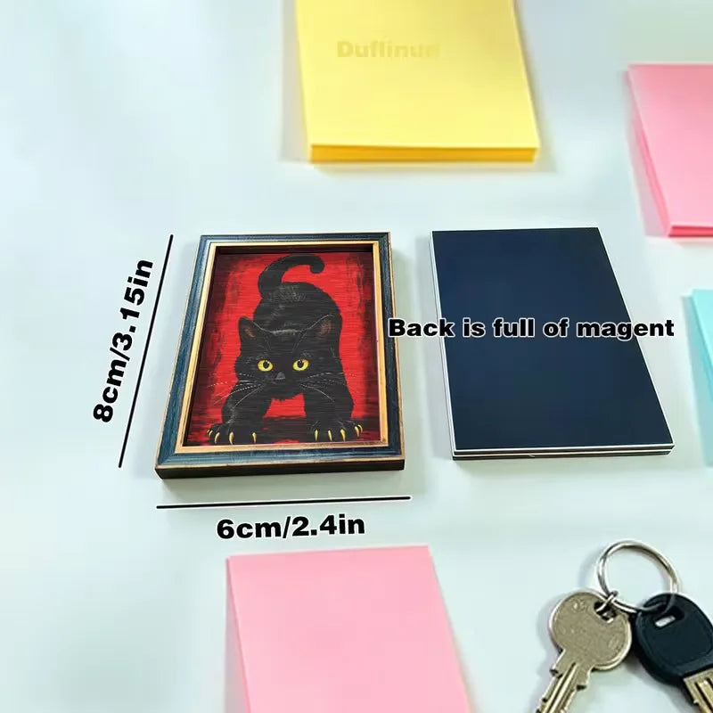 A black cat photo frame with a red background is displayed next to yellow and pink magnetic note cards.