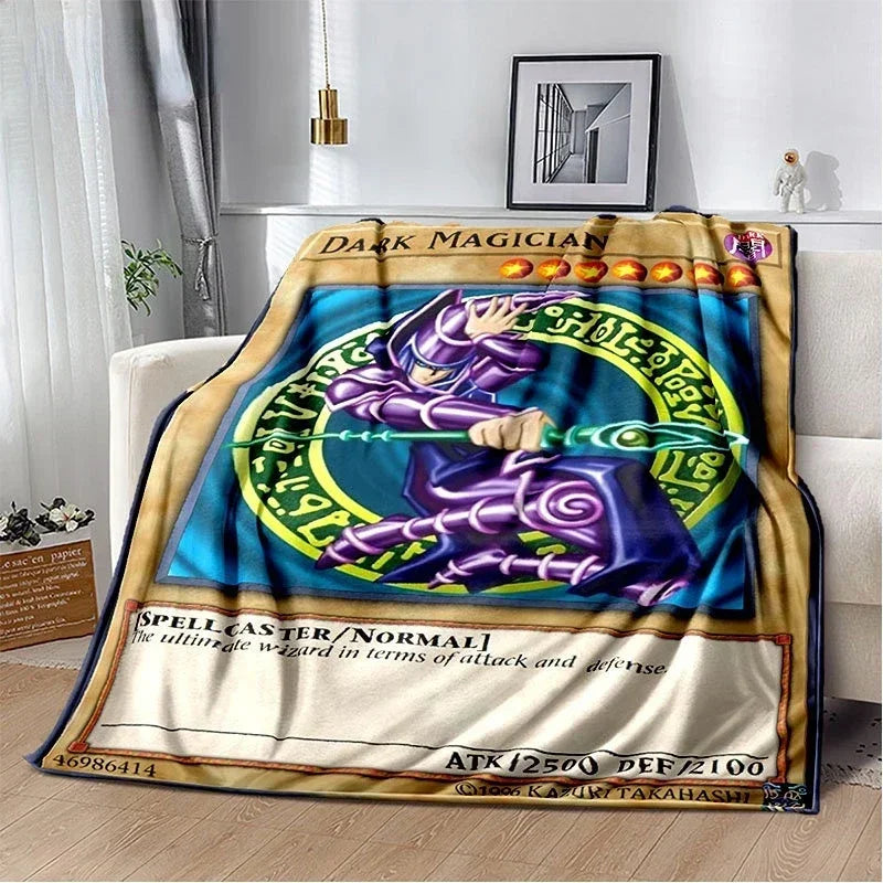 A dark magic themed throw blanket featuring a purple wizard and blue background for Yu-Gi-Oh!