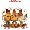 Three ceramic chicken figures in autumn colors used as acrylic flatback charms for DIY crafts