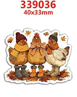 Three ceramic chicken figures in autumn colors used as acrylic flatback charms for DIY crafts