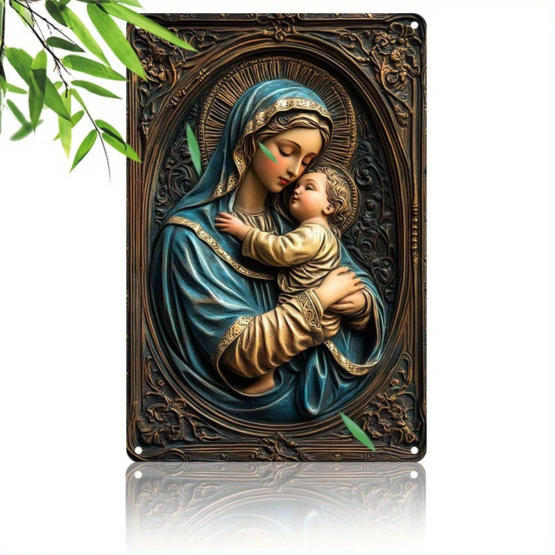 A metal sign depicting the Virgin Mary holding the infant Jesus in a halo design.