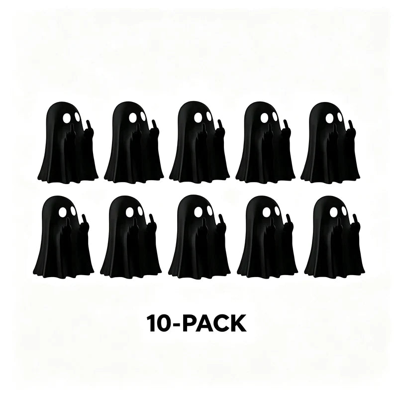 A pack of ten black glow-in-the-dark ghost figurines with playful poses.