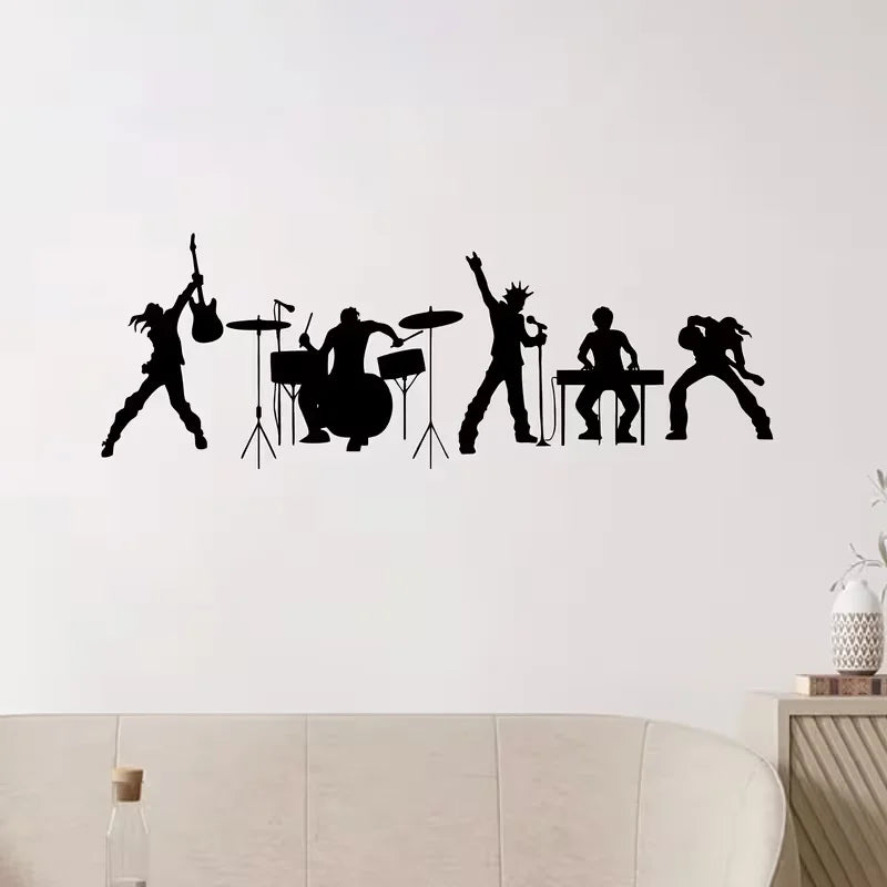 A black silhouette decal set depicting a musical band performing on stage.