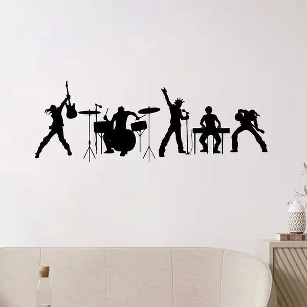 A black silhouette decal set depicting a musical band performing on stage.