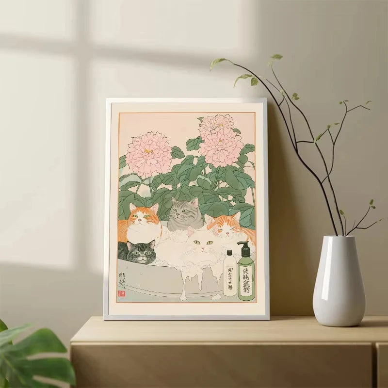 Vintage tiger cat wall art poster featuring several cats in a soft floral background