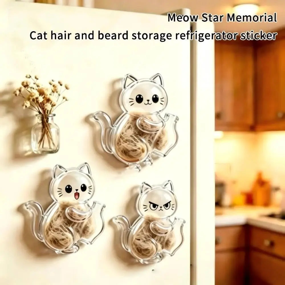 Cat hair and beard storage refrigerator sticker featuring three clear capsule cat whisker keepsakes