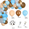 Collection de ballons de différentes couleurs et un ballon à pois blancs avec instructions pour créer un gâteau de fête