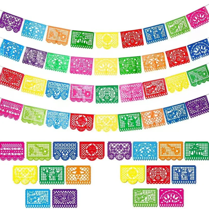 A colorful banner of decorative felt flags in various colors and patterns for party decorations