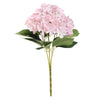 A bouquet of pink artificial hydrangea flowers with green leaves on a stem.