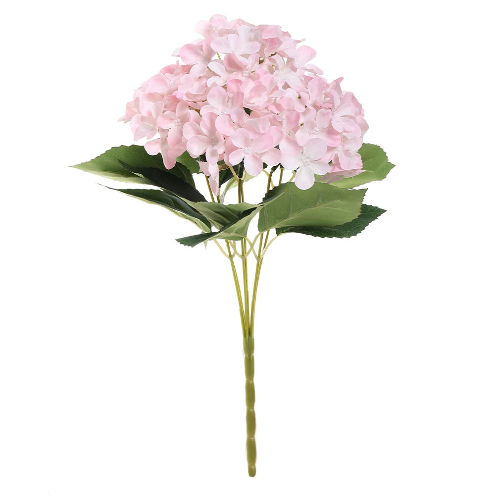 A bouquet of pink artificial hydrangea flowers with green leaves on a stem.