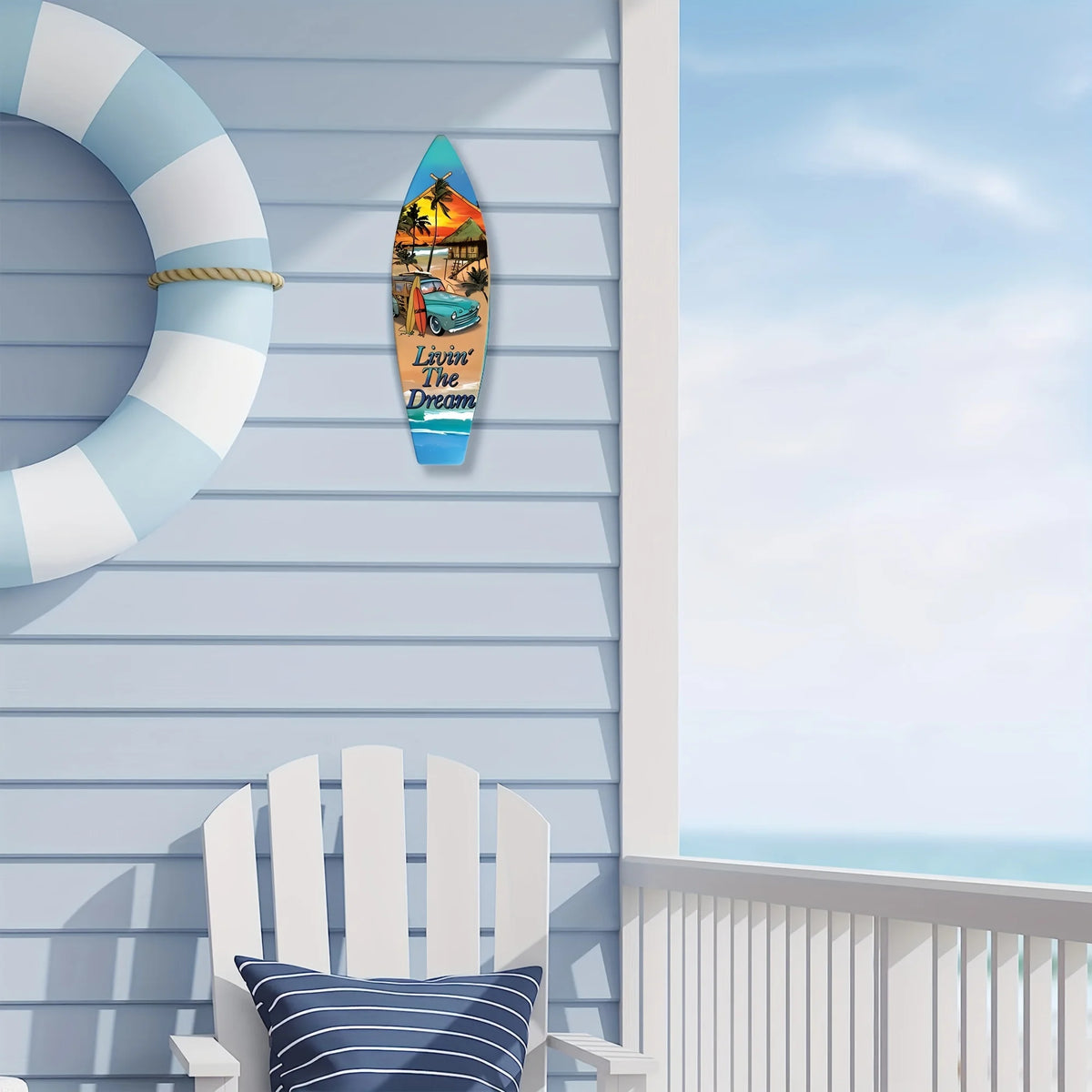 A wooden tiki bar sign featuring a tropical scene is mounted on a light blue wooden wall next to a large blue and white strip