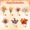 Eine Sammlung von 24 Bundern künstlicher Herbstblumen und -grün in verschiedenen Farben wie Orange, Rot und Gelb.
