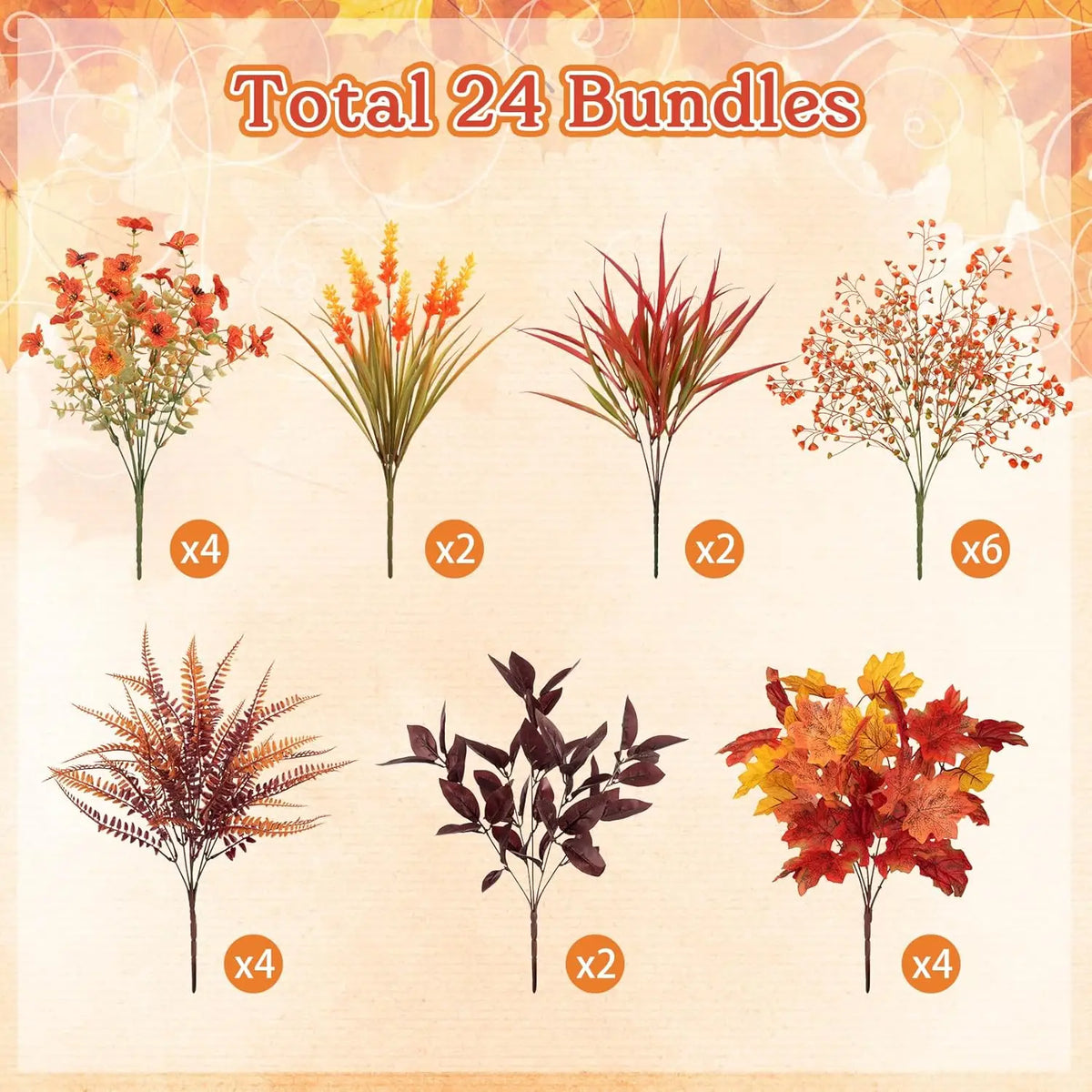 Eine Sammlung von 24 Bundern künstlicher Herbstblumen und -grün in verschiedenen Farben wie Orange, Rot und Gelb.
