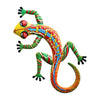 Handcrafted metal gecko wall art featuring a colorful, vibrant lizard with bright green and orange scales.