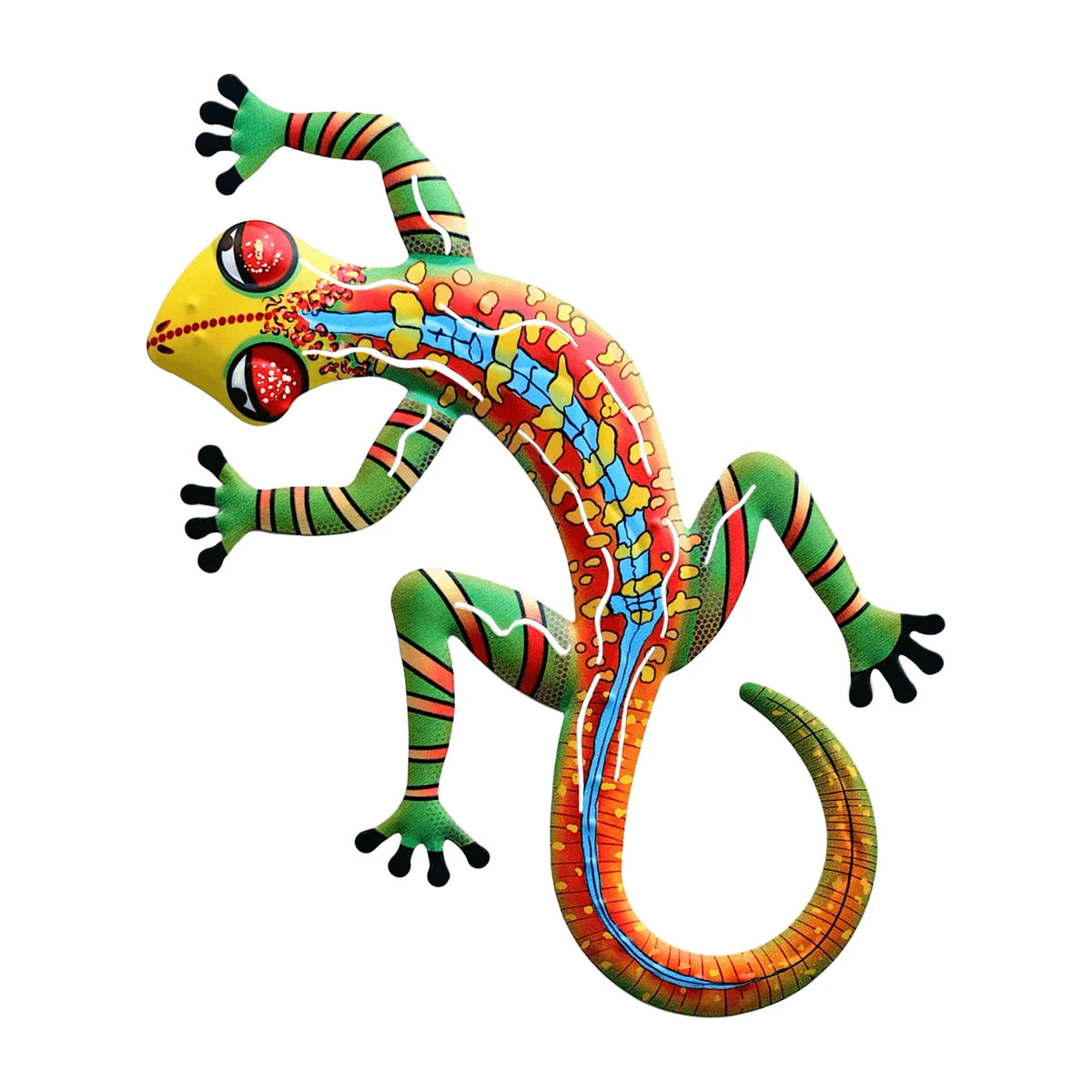 Handcrafted metal gecko wall art featuring a colorful, vibrant lizard with bright green and orange scales.