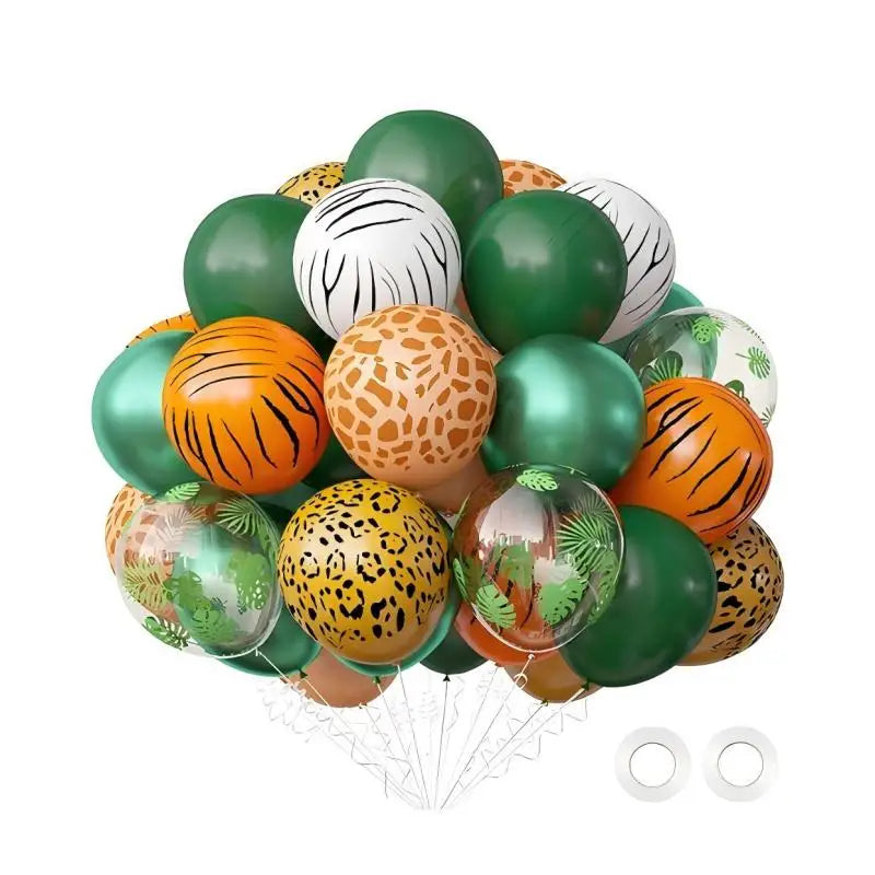 A set of green and orange jungle safari themed birthday decor balloons.