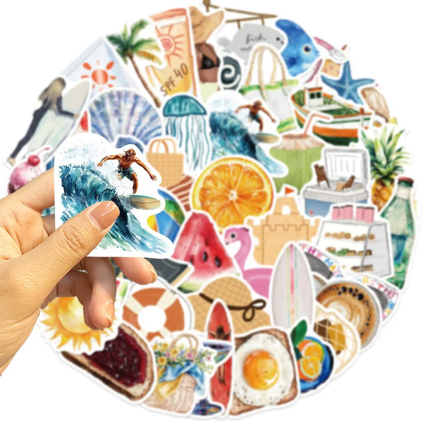 A collection of colorful summer graffiti stickers featuring tropical fruits, sea life, and sun motifs.