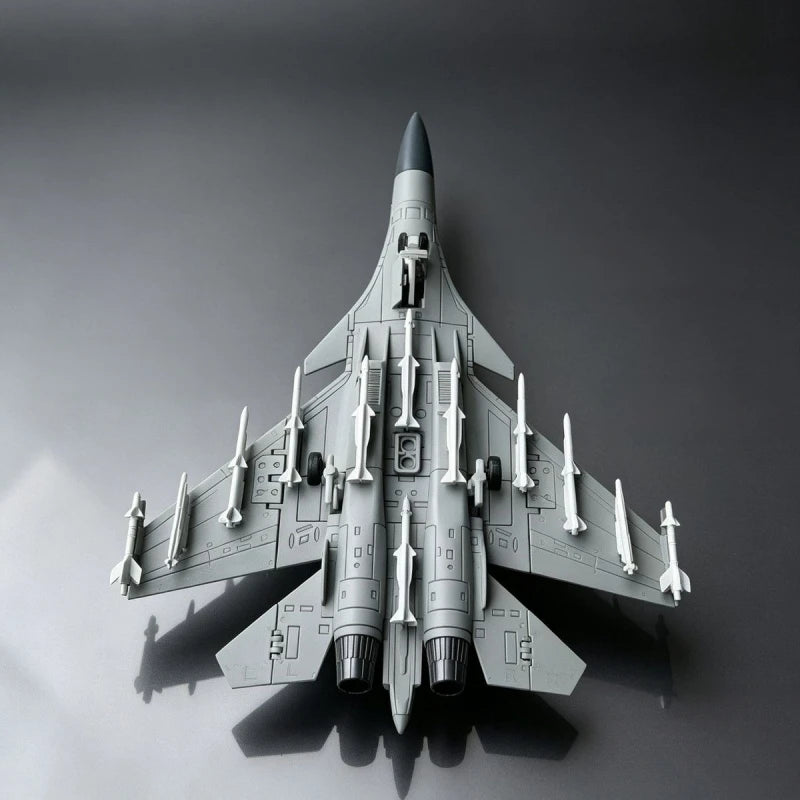 A model of a J-15 fighter jet built from building blocks, shown in a top-down view against a gray background.
