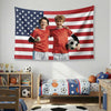 A custom photo flag featuring two children in red shirts standing in front of an American flag backdrop.