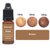 A bottle of brown liquid colorant with three dropper sizes showing different shades of brown.